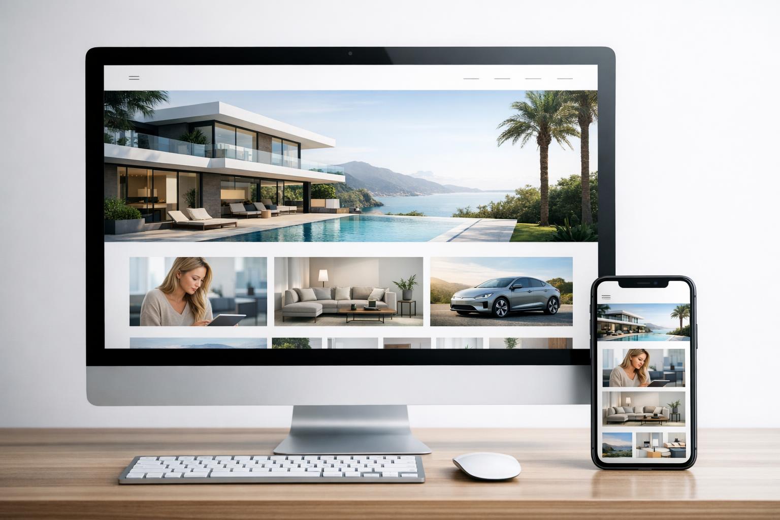 Widok nowoczesnego projektu strony internetowej na monitorze i smartfonie