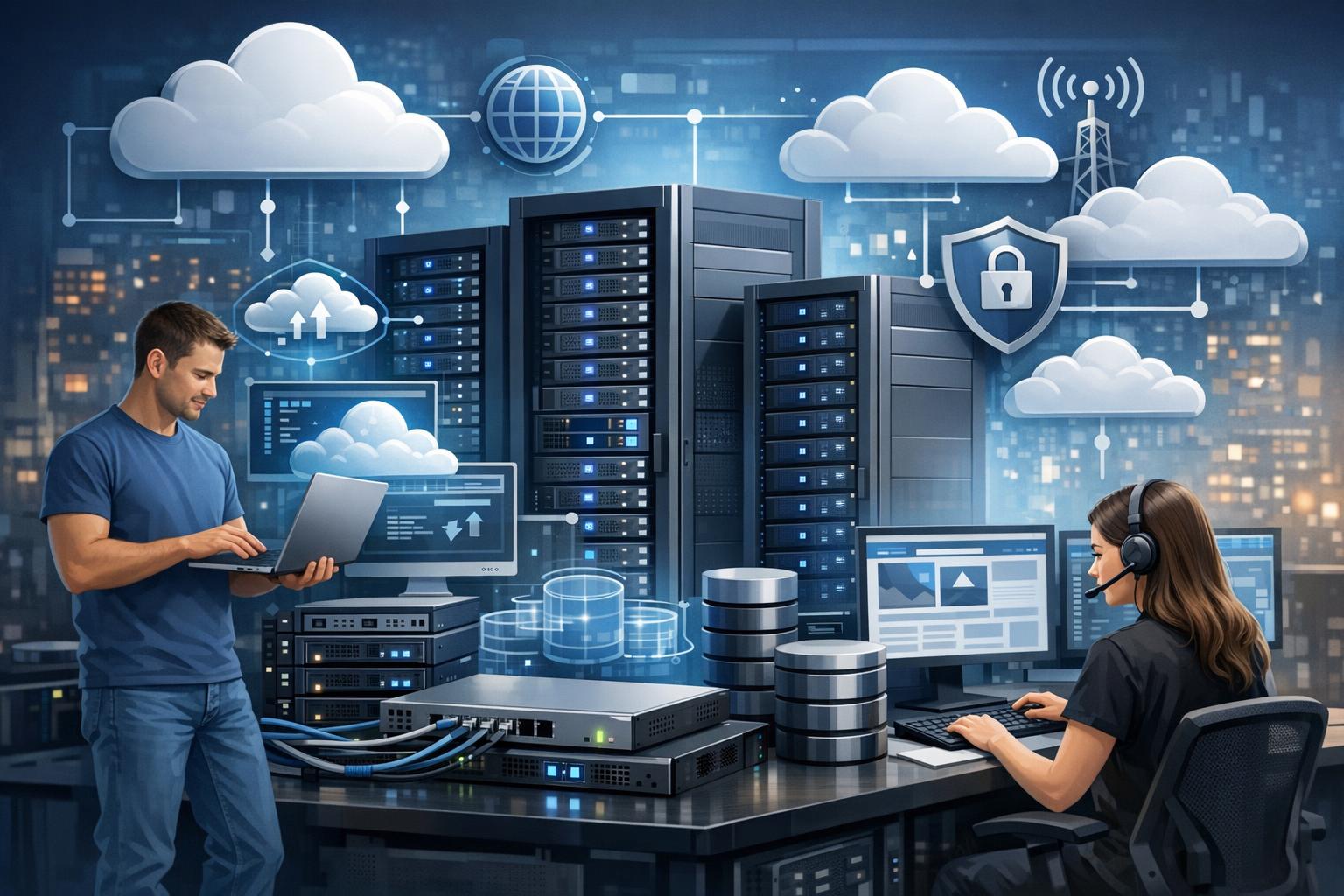 Serwery i hosting — ilustracja infrastruktury technicznej dla stron internetowych